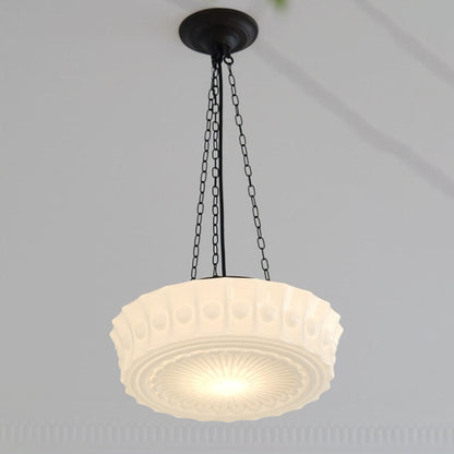Vintage French Frosted Glass Drum Ceiling Light