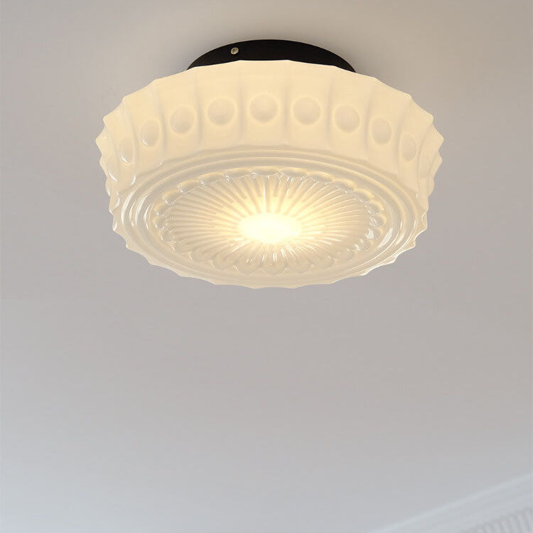 Vintage French Frosted Glass Drum Ceiling Light