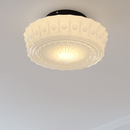 Vintage French Frosted Glass Drum Ceiling Light