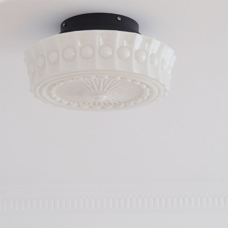 Vintage French Frosted Glass Drum Ceiling Light