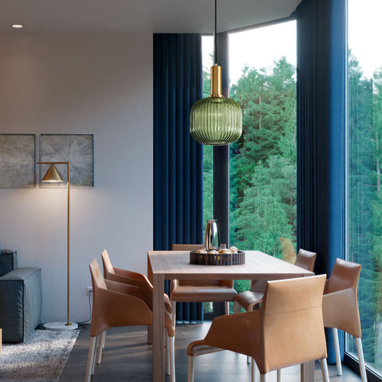 Modern Ribbed Glass Pendant Light with Brass Finish
