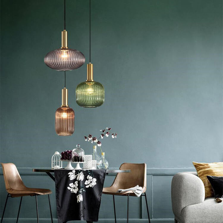 Modern Ribbed Glass Pendant Light with Brass Finish