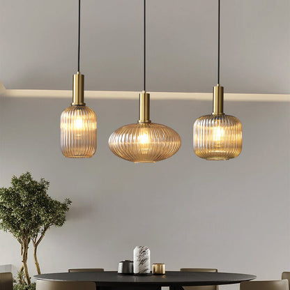 Modern Ribbed Glass Pendant Light with Brass Finish