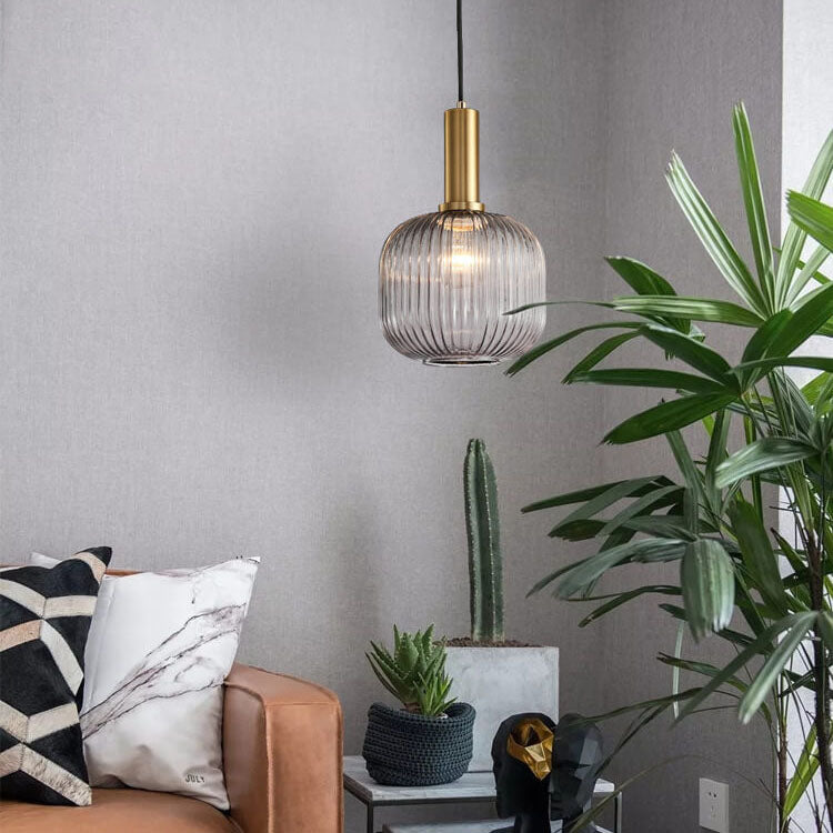 Modern Ribbed Glass Pendant Light with Brass Finish