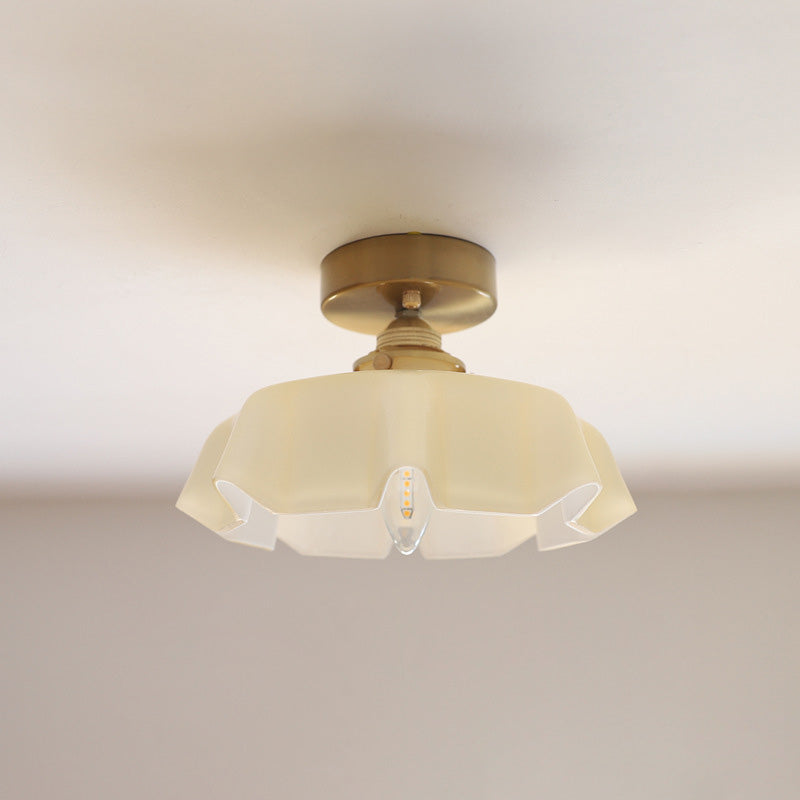 Vintage French Brass Petal Glass Ceiling Light