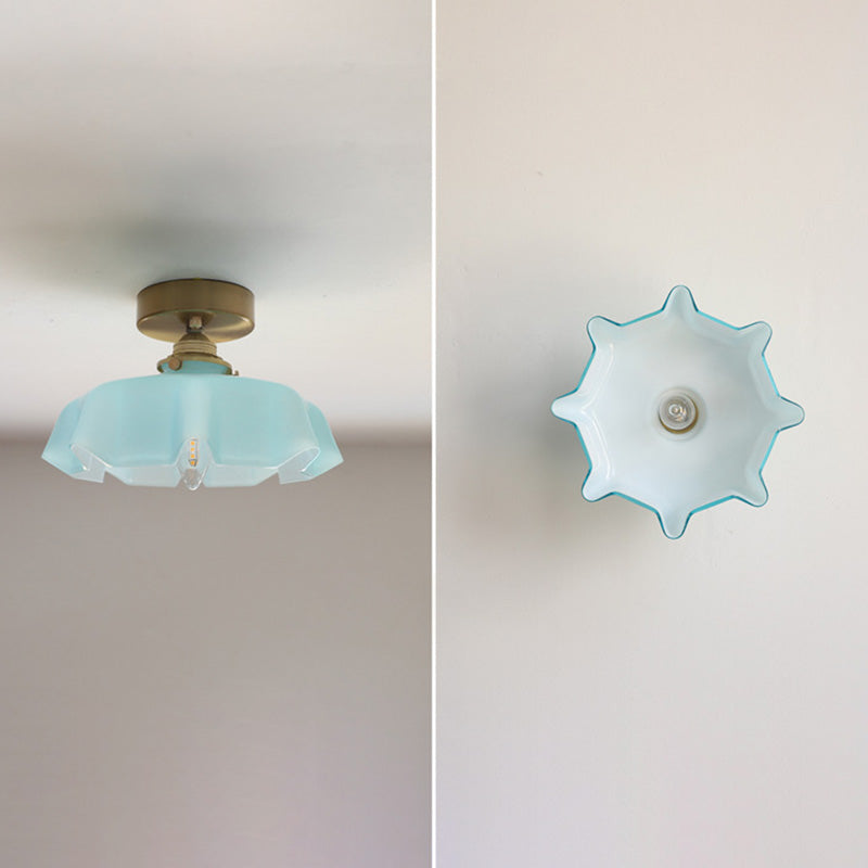 Vintage French Brass Petal Glass Ceiling Light
