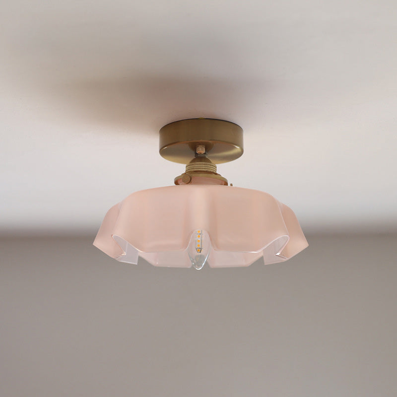 Vintage French Brass Petal Glass Ceiling Light