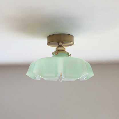 Vintage French Brass Petal Glass Ceiling Light