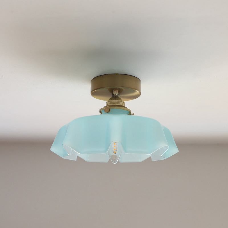 Vintage French Brass Petal Glass Ceiling Light