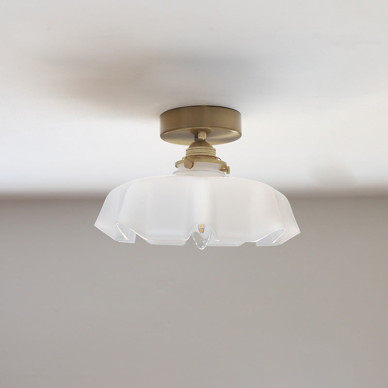 Vintage French Brass Petal Glass Ceiling Light