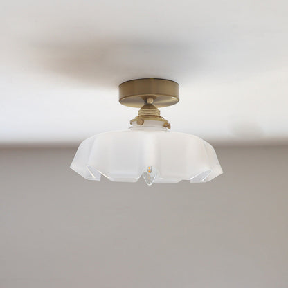 Vintage French Brass Petal Glass Ceiling Light