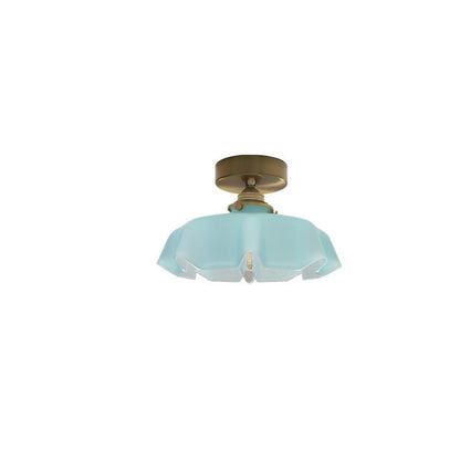 Vintage French Brass Petal Glass Ceiling Light