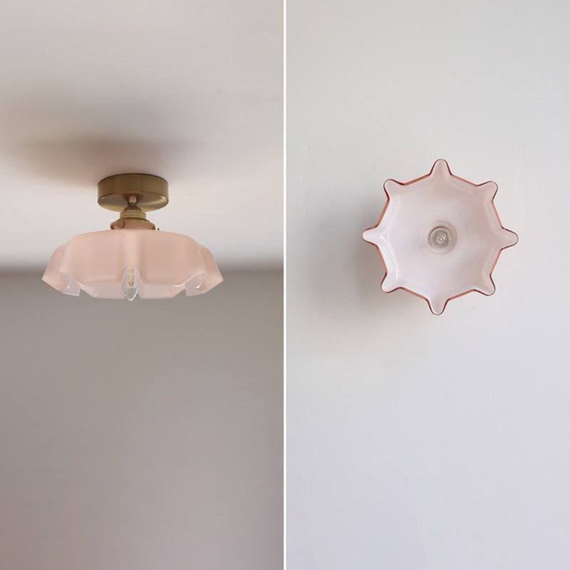 Vintage French Brass Petal Glass Ceiling Light