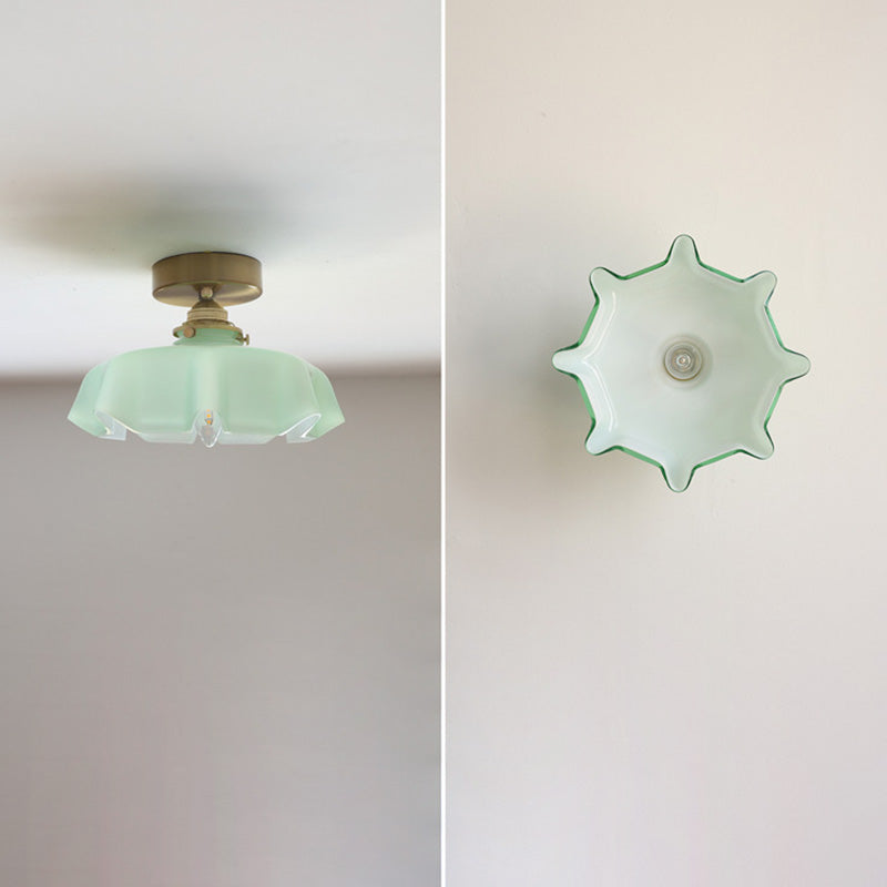 Vintage French Brass Petal Glass Ceiling Light