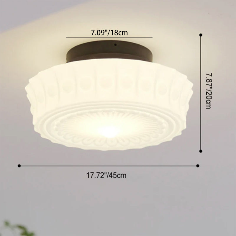 Vintage French Frosted Glass Drum Ceiling Light