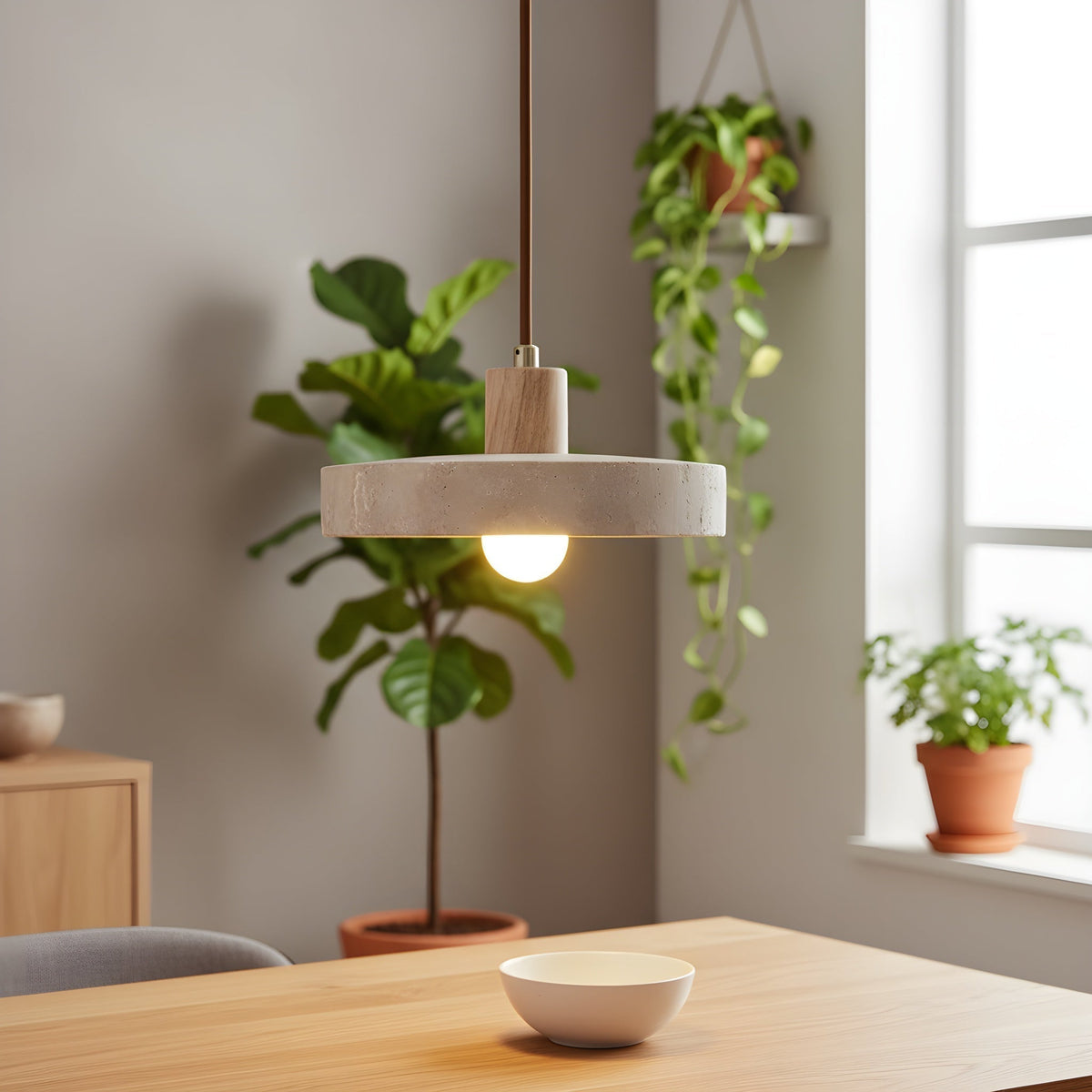 Travora Stone Disk Pendant Light with Wood Accent