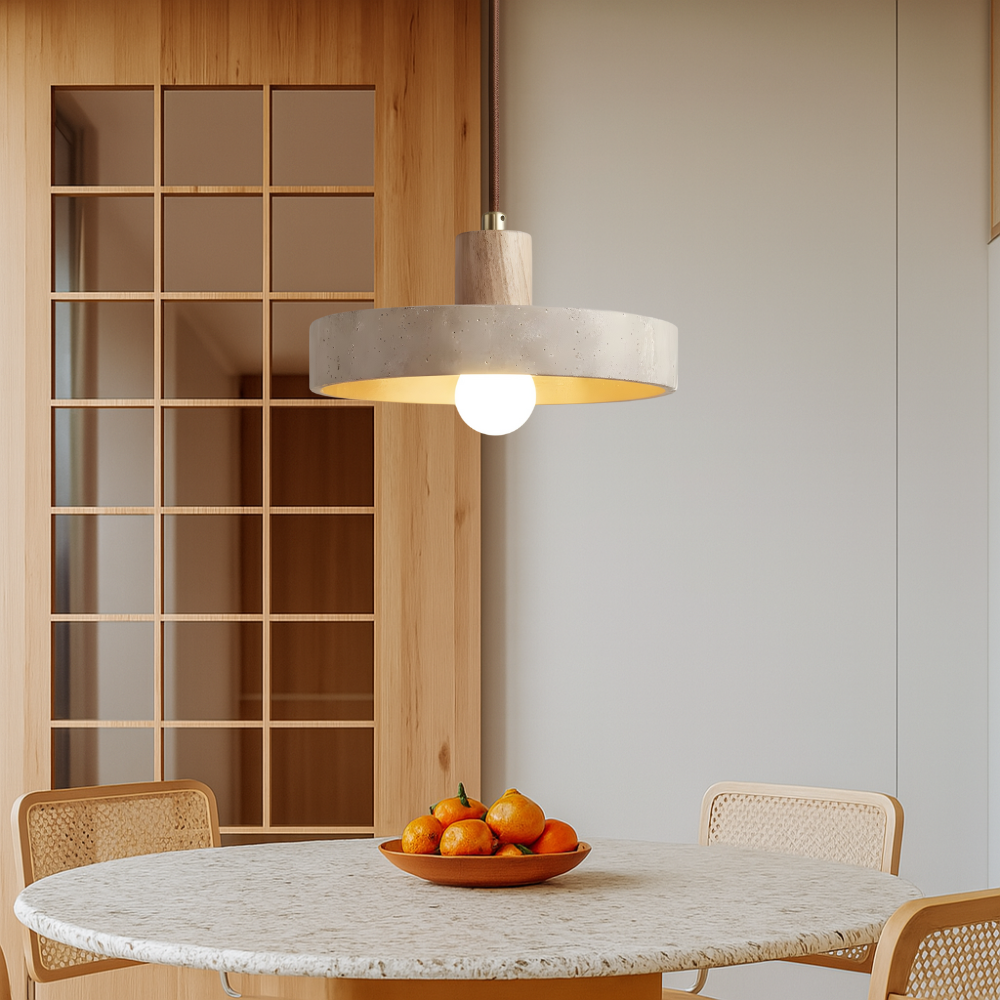 Travora Stone Disk Pendant Light with Wood Accent