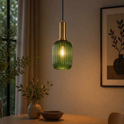 Modern Ribbed Glass Pendant Light with Brass Finish