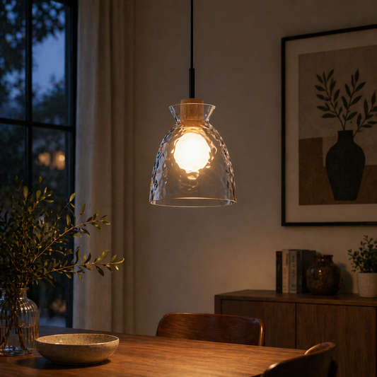 Modern Clear Ripple Glass Pendant Light with Wood Accent