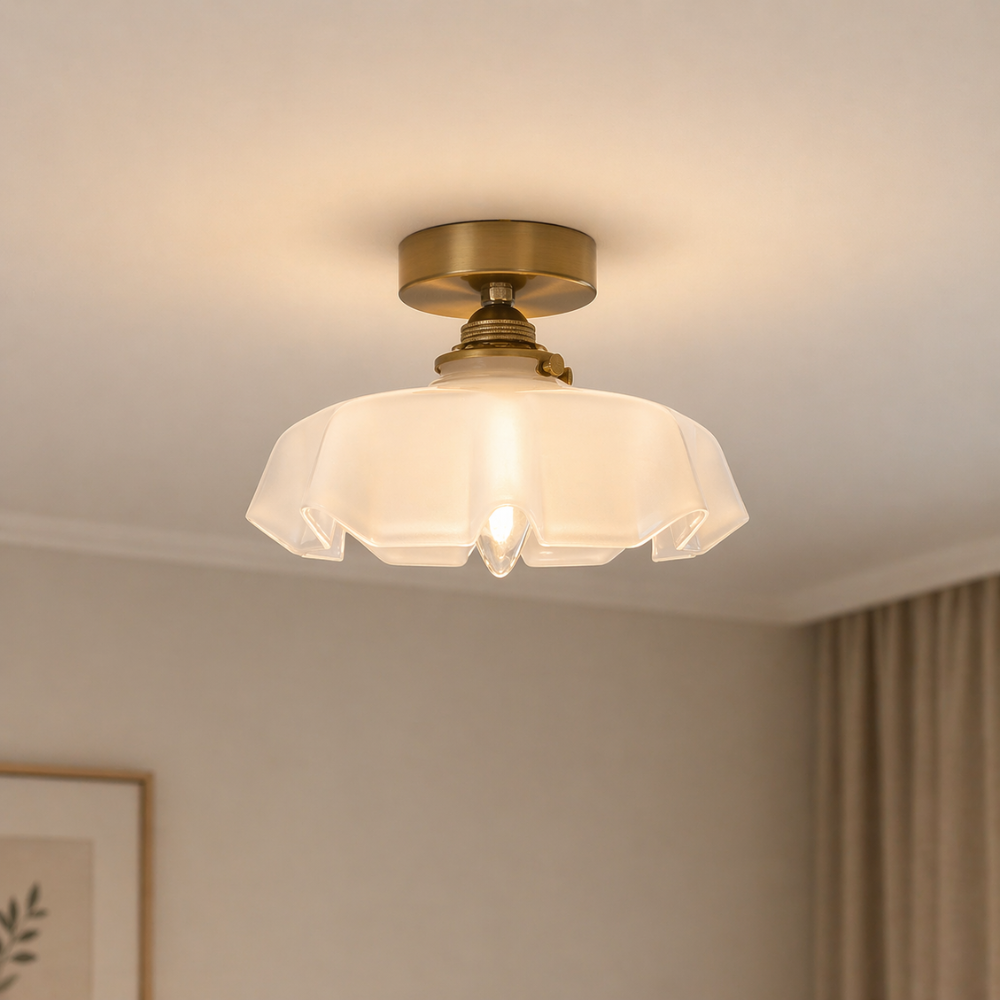 Vintage French Brass Petal Glass Ceiling Light