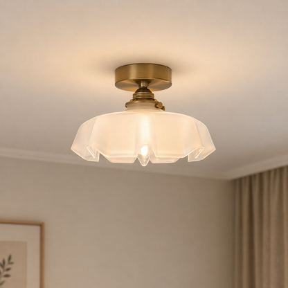Vintage French Brass Petal Glass Ceiling Light