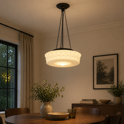Vintage French Frosted Glass Drum Ceiling Light