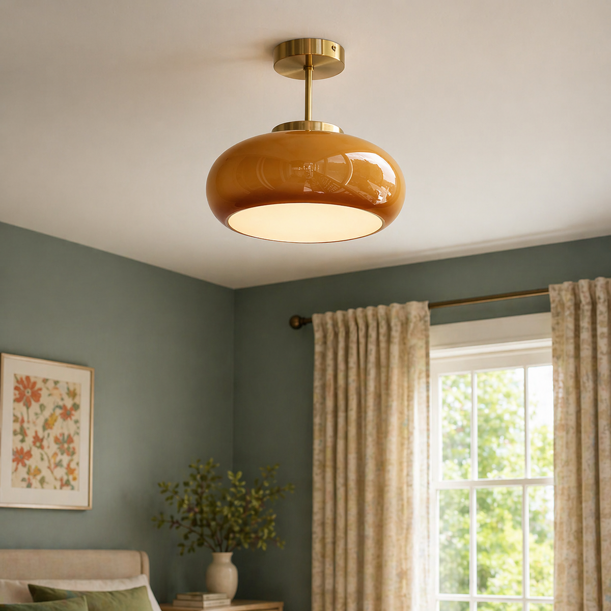 Vintage Amber Glass Dome Ceiling Light