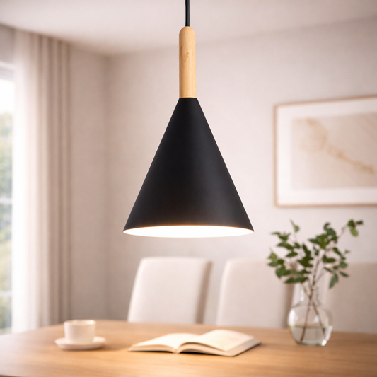 Nordora Black Cone Pendant Light with Wooden Top