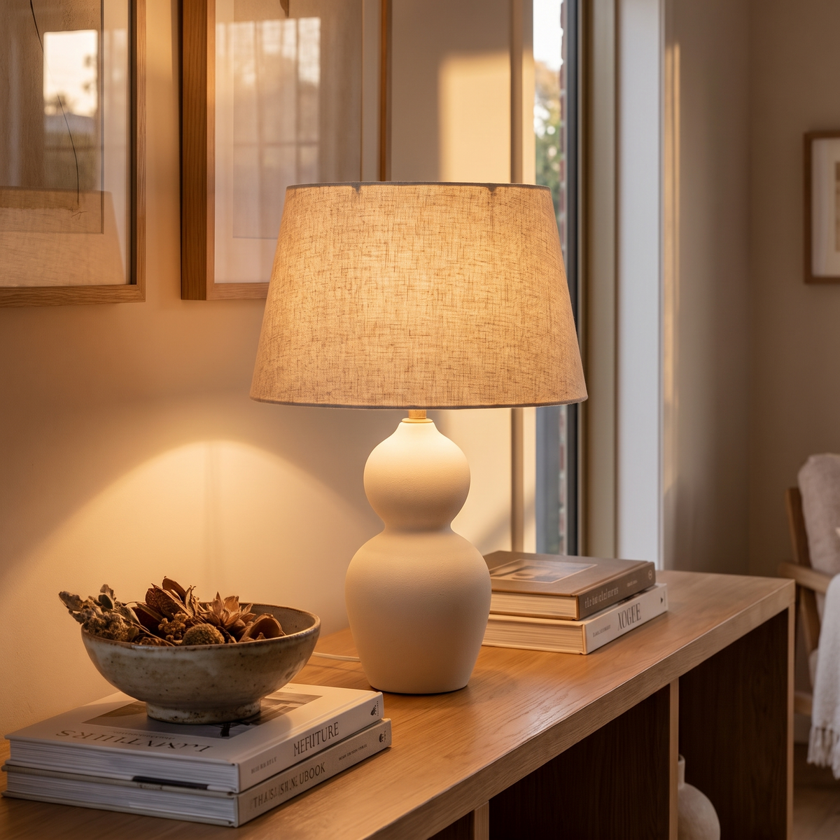 Mila Ceramic Table Lamp with Linen Shade – styled in a room