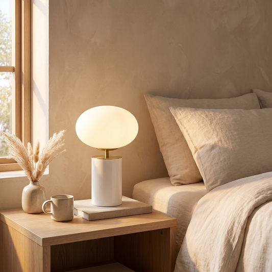 Notal Touch Table Lamp with Gloss Glass Shade – styled in a room