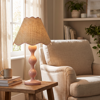 Evie Raffia Scalloped Table Lamp – Blush – styled in a room