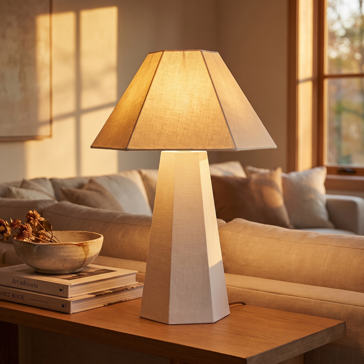 Blake Hexagonal Linen Table Lamp – Pearl – styled in a room