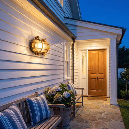 Oval Caged Outdoor Bulkhead Light – styled in a room
