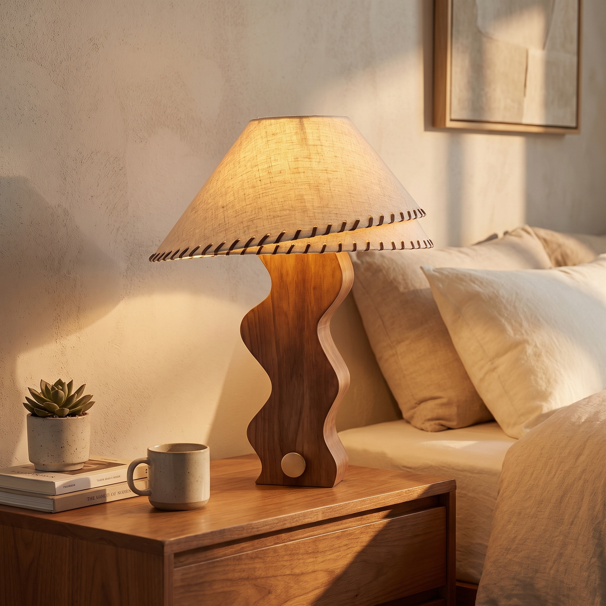 Zandro Curved Timber Table Lamp with Linen Shade – styled in a room