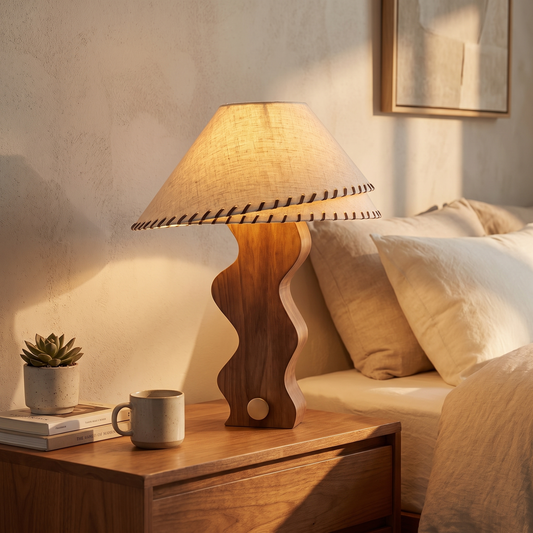 Zandro Curved Timber Table Lamp with Linen Shade – styled in a room