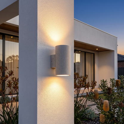 Stonebrook Concrete LED Exterior Wall Light – styled in a room