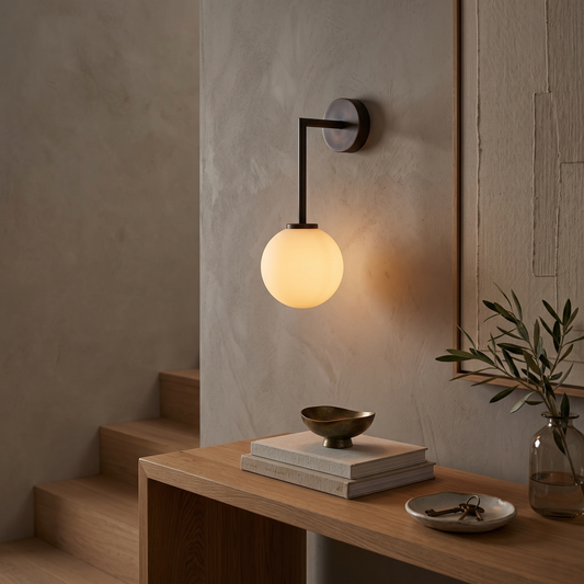 Orb Long Arm Wall Light – Dark Bronze – styled in a room