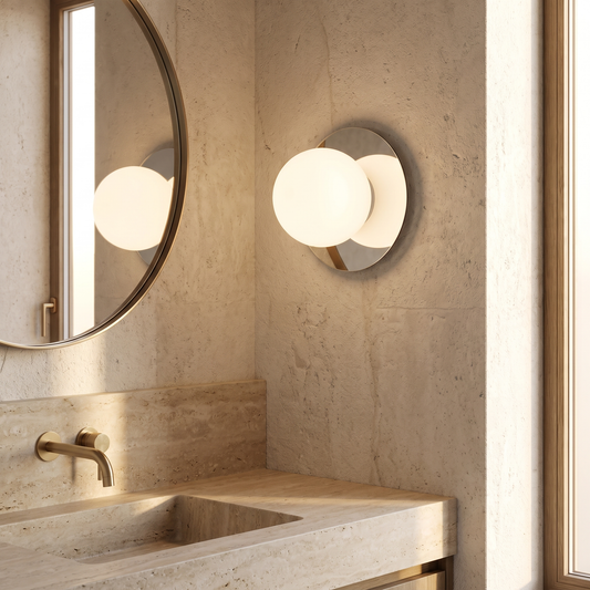 Orb Glass Mirror Wall Light – Medium – styled in a room