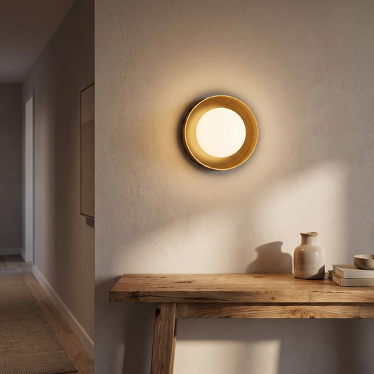 Orb Framed Glass Wall Light – Old Brass – styled in a room