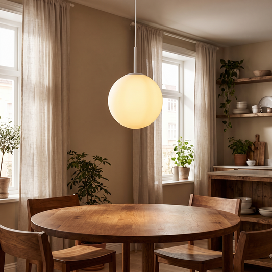 Orb Mouth-Blown Glass Pendant Light – White – styled in a room