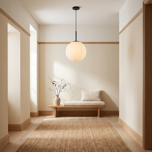 Orb Mouth-Blown Glass Pendant Light – Black – styled in a room