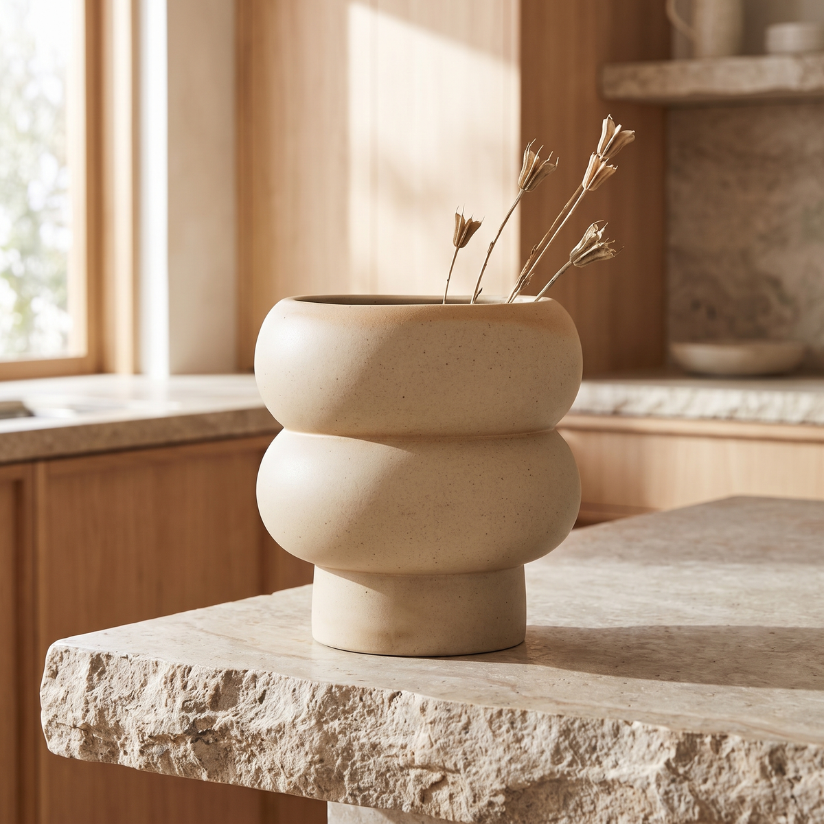 Billie Curved Ceramic Planter – Medium – styled in a room