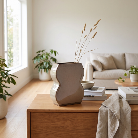 Form Glazed Ceramic Vase – Mocha – styled in a room