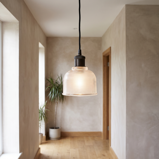 Chapman Holophane Glass Pendant Light – styled in a room