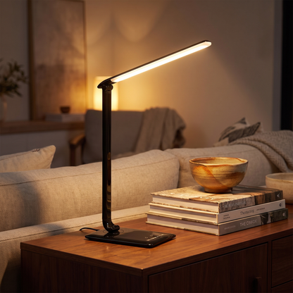 Dimmable LED Desk Lamp with USB Charging – styled in a room