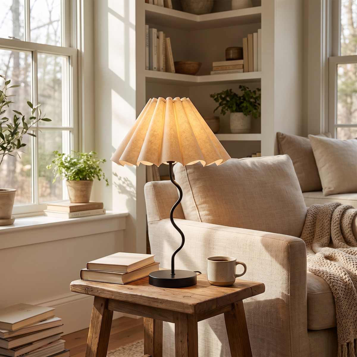 Cora Fluted Table Lamp – Black & Natural – styled in a room