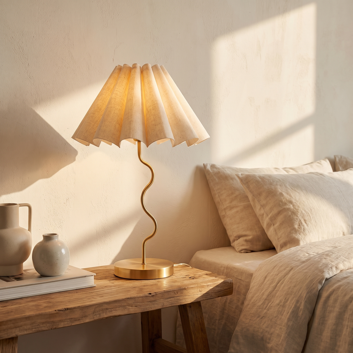 Cora Fluted Table Lamp – Neutral & Gold – styled in a room