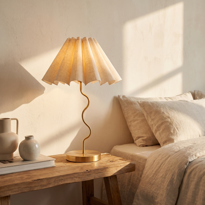 Cora Fluted Table Lamp – Neutral & Gold – styled in a room