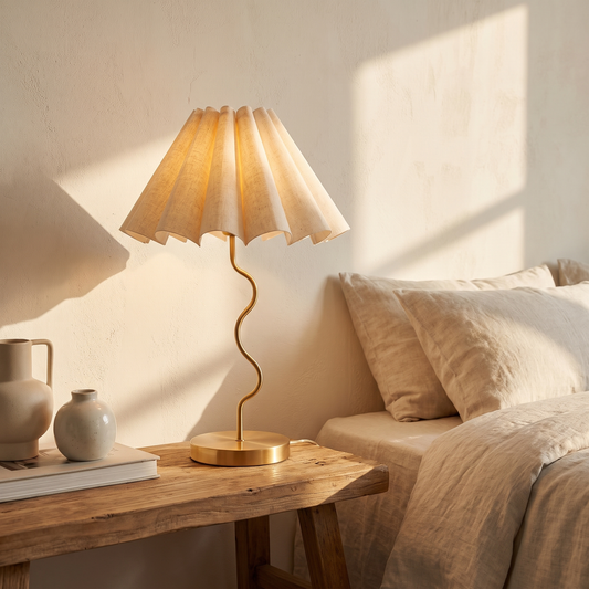 Cora Fluted Table Lamp – Neutral & Gold – styled in a room
