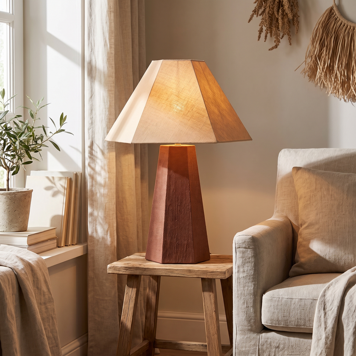 Blake Hexagonal Linen Table Lamp – Toffee – styled in a room